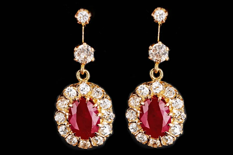 Vintage 18K Yellow Gold 2.50 Carat Ruby & Diamond Drop Earrings