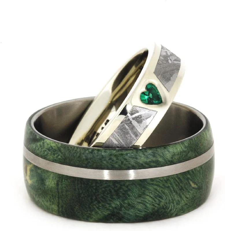 Created Emerald, Gibeon Meteorite 14k White Gold Ring and Green Box Elder Burl Wood Titanium Band, Couples Ring Set, M10.5-F9.5