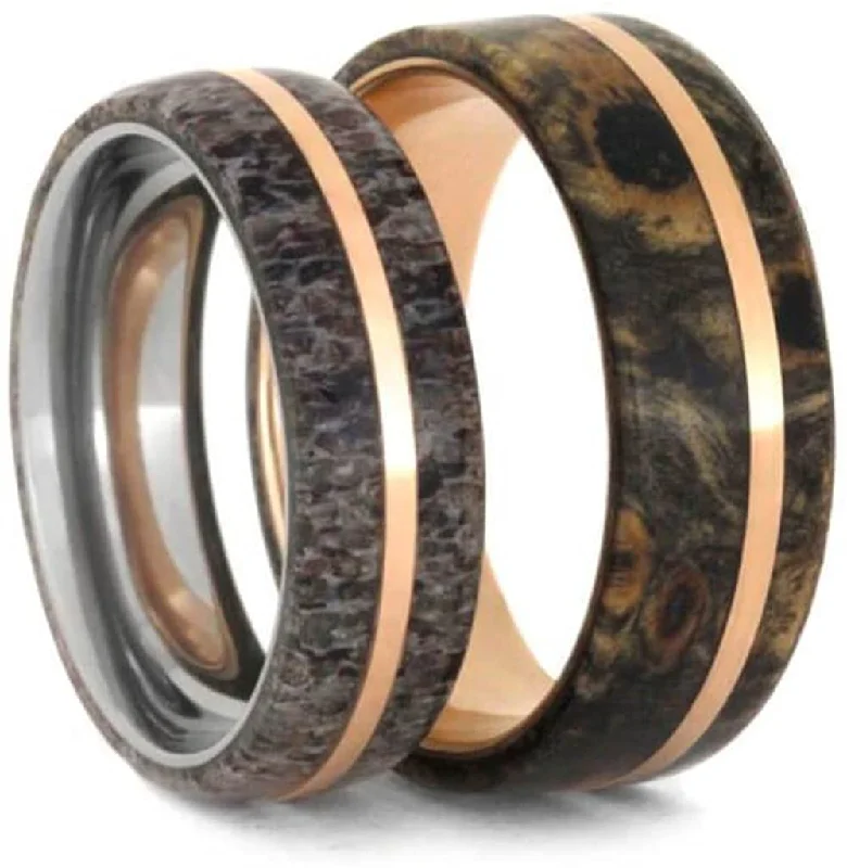 Deer Antler, 14k Rose Gold Titanium Band and Buckeye Burl Wood, 14k Rose Gold Titanium Band Couples Wedding Bands Sizes M12.5-F9.5