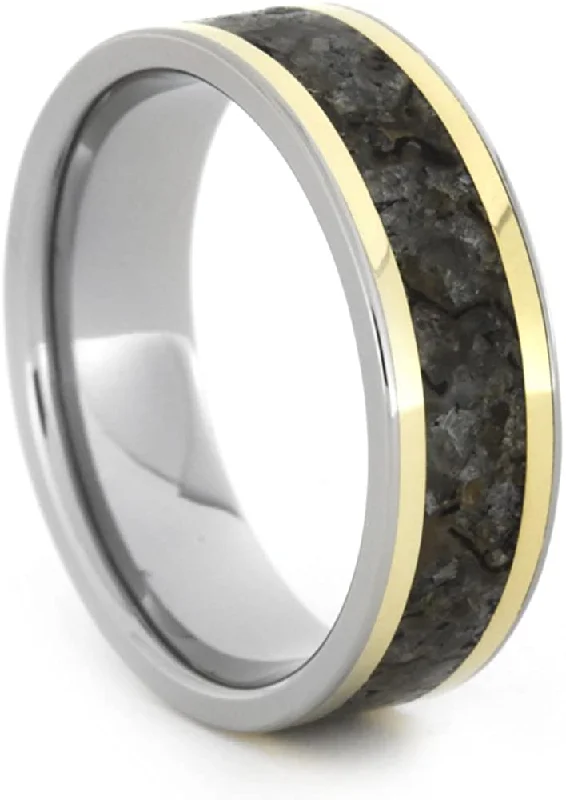 Dinosaur Bone, 18k Yellow Gold Pinstripes 7mm Comfort-Fit Titanium Ring, Size 7