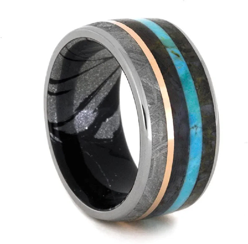 Dinosaur Bone, Meteorite, Petrified Wood, 14k Rose Gold, Turquoise, Titanium 10mm Comfort-Fit Black and White Mokume Gane Band, Size 10.5