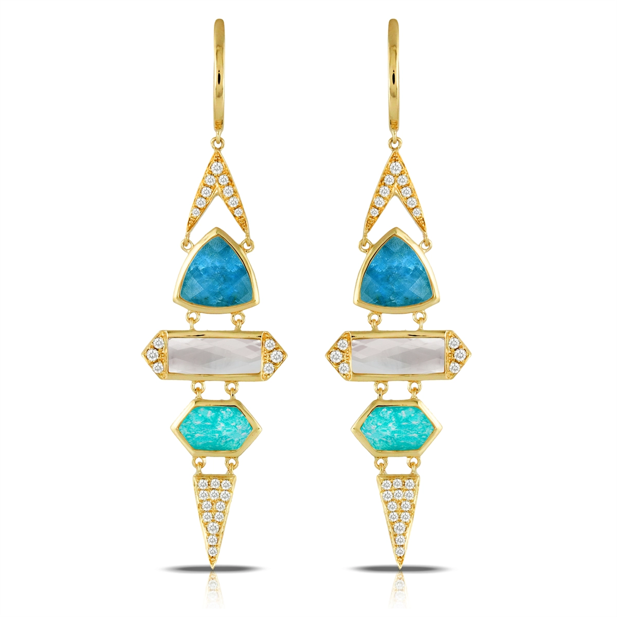 Doves 18K Yellow Gold Drop Earrings with Diamonds, Clear Quartz over Apatite, Clear Quartz over MOP and Clear Quartz over Amazonite