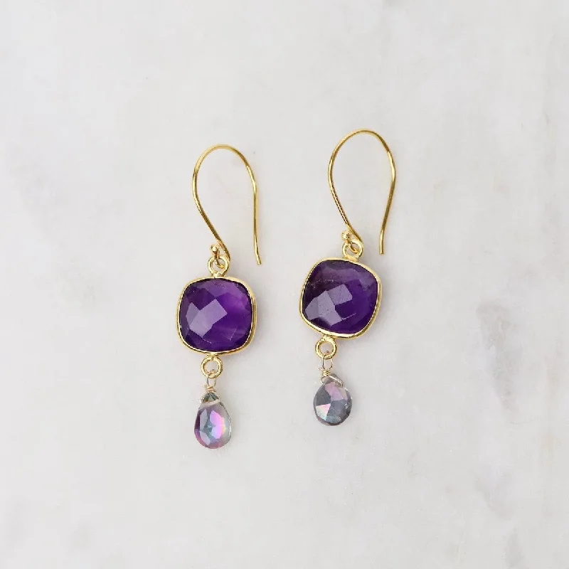 Amethyst Square Gold Bezel with Mystic Topaz Drops Earrings