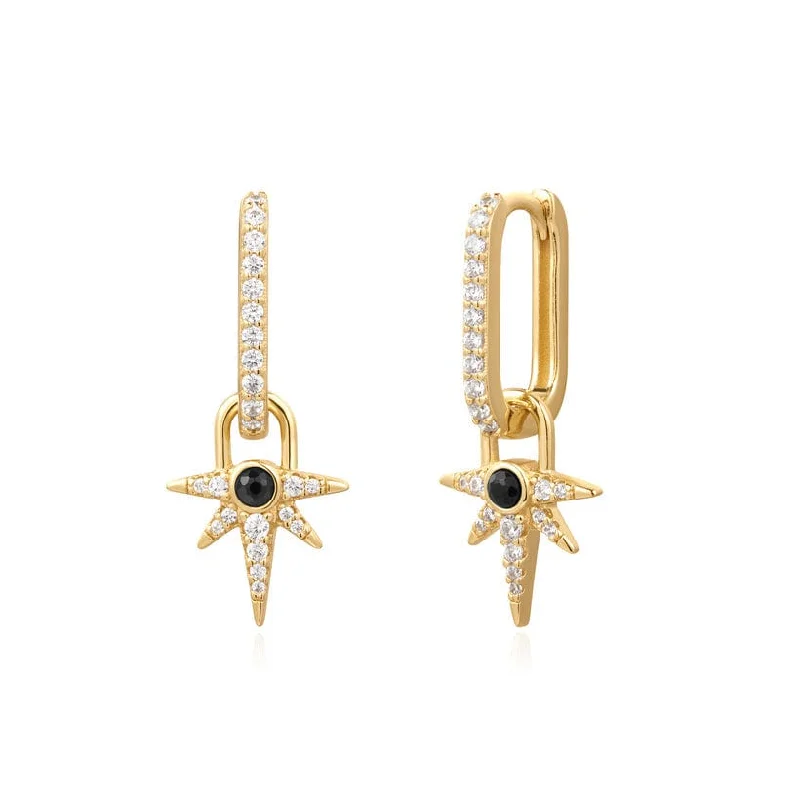 Gold Black Onyx Star Drop Huggie Earrings