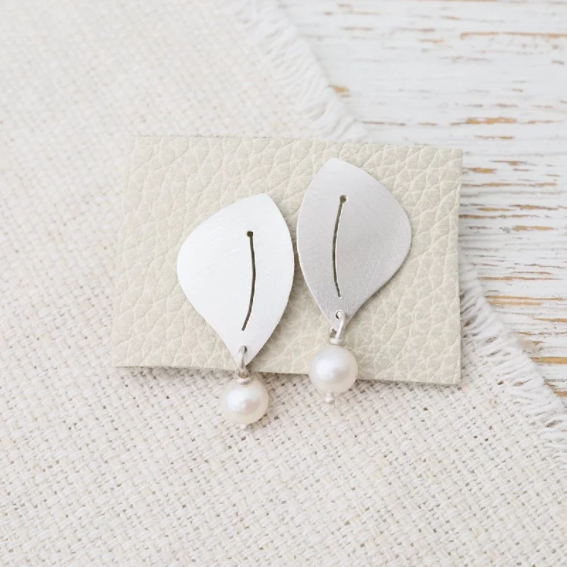 Matte Silver Post Earrings with Pearl Drops