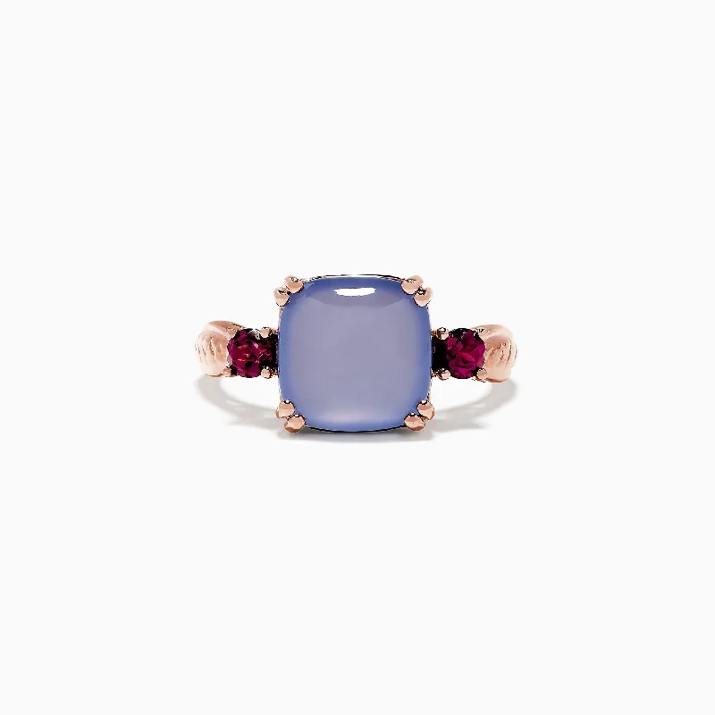 14K Rose Gold Chalcedony, Rhodolite Garnet and Diamond Ring, 4.42 TCW