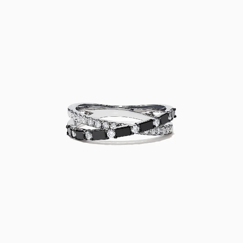 14K White Gold Black and White Diamond Crossover Ring, 0.77 TCW