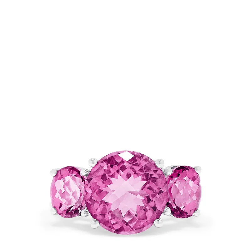 14K White Gold Pink Topaz Three Stone Ring, 8.00 TCW