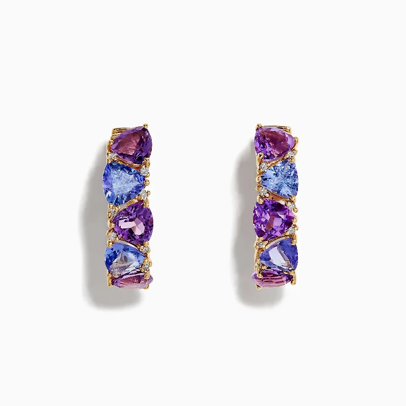 14K Yellow Gold Amethyst, Tanzanite and Diamond Hoop Earrings