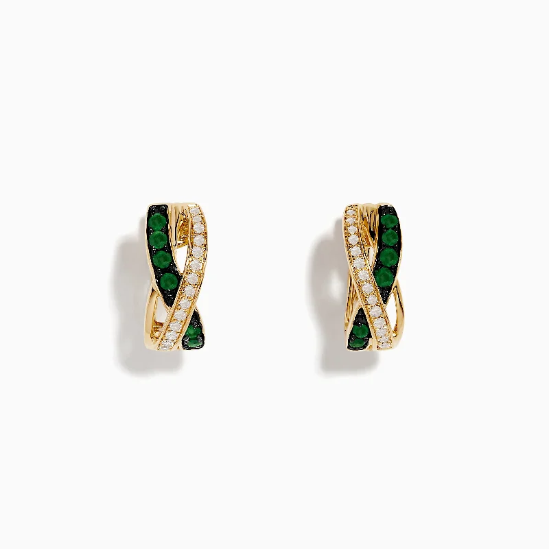 14K Yellow Gold Emerald and Diamond Crossover Hoop Earrings 1/2"