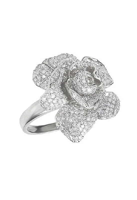 14K White Gold Diamond Flower Ring, 1.10 TCW