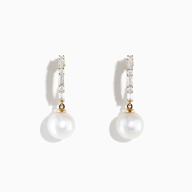 Pearl 14 Karat Yellow Gold Pearl and Diamond Hoop Earrings