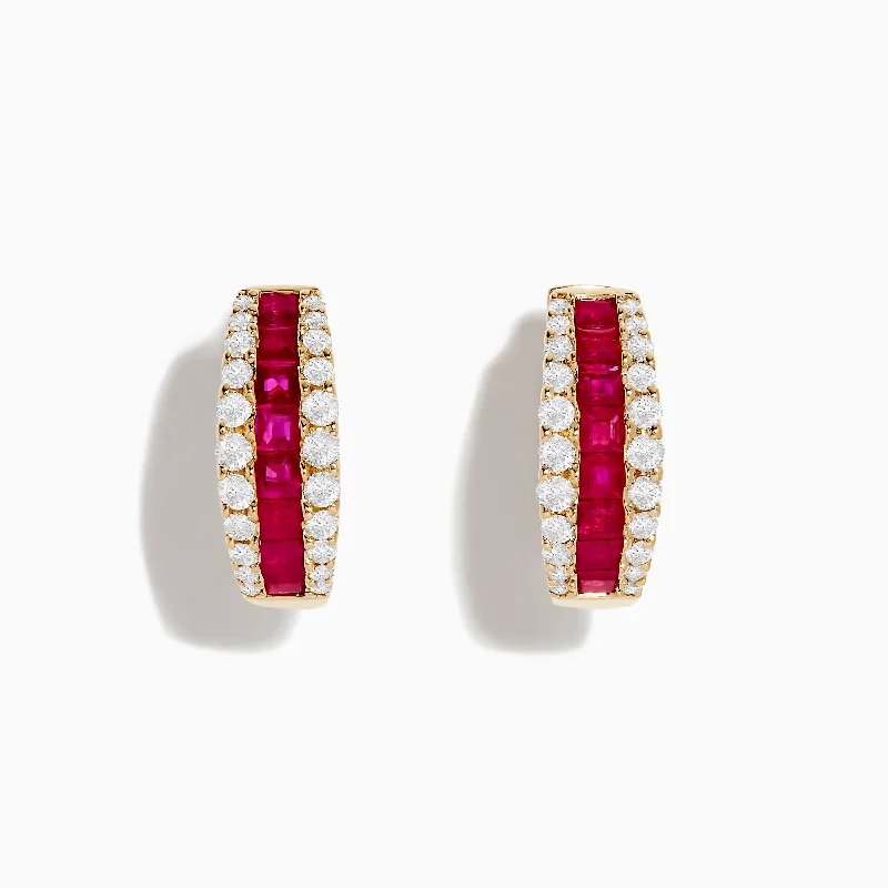 Ruby Royale 14K Yellow Gold Ruby and Diamond 5/8" Hoop Earrings