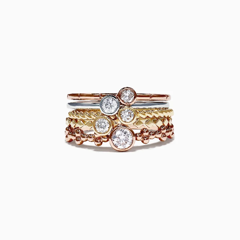 Trio 14K Tri Color Gold Diamond 5 Stack Ring, 0.61 TCW