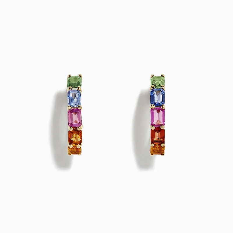 Watercolor 14k Gold Emerald Cut Multi Sapphire Hoop Earrings