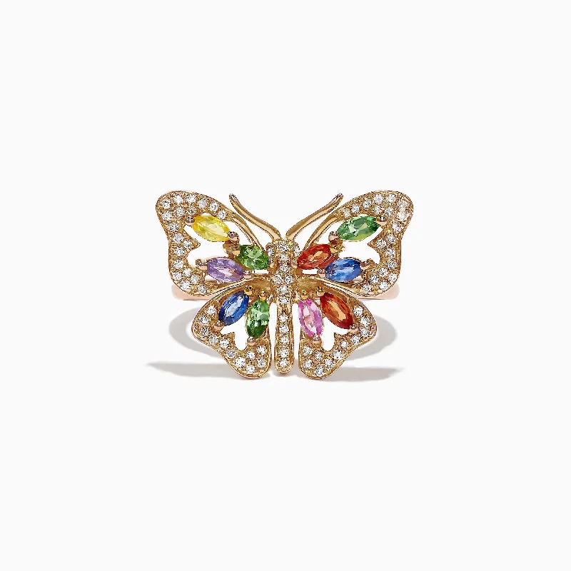 Watercolors 14K Gold Multi Sapphire Diamond Butterfly Ring, 2.62 TCW