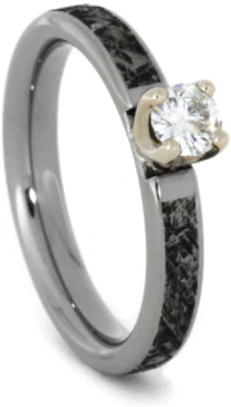 Forever One Moissanite In 14k White Gold Prongs, Mimetic Meteorite 4mm Comfort-Fit Titanium Band, Size 10.25