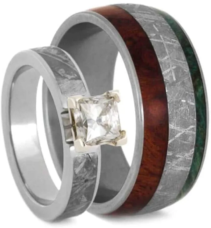 Forever One Moissanite, Meteorite, Afzelia Wood, Green Box Elder Burl Comfort-Fit Titanium Couples Wedding Band Set Size, M12-F6