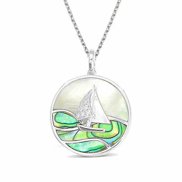 Frederic Sage 14K White Gold Abalone, MOP and Diamond Sailboat & Waves Pendant Necklace