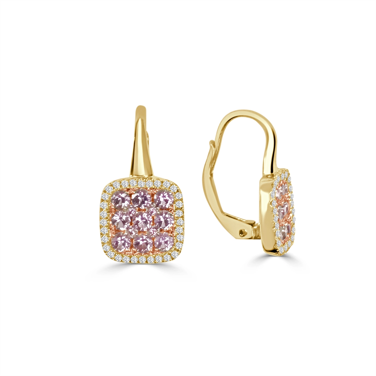 Frederic Sage 14K Yellow Gold Cushion Firenze Pink Sapphire and Diamond Drop Earrings