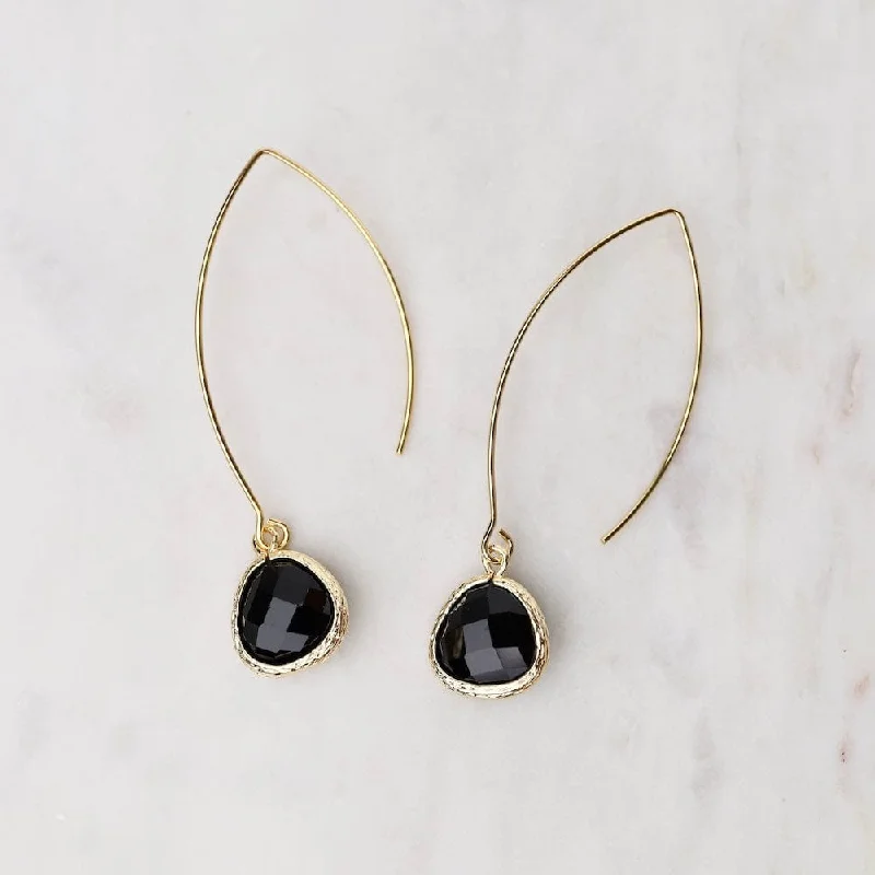 Gold Plated Long Crystal Drop Earrings - Black