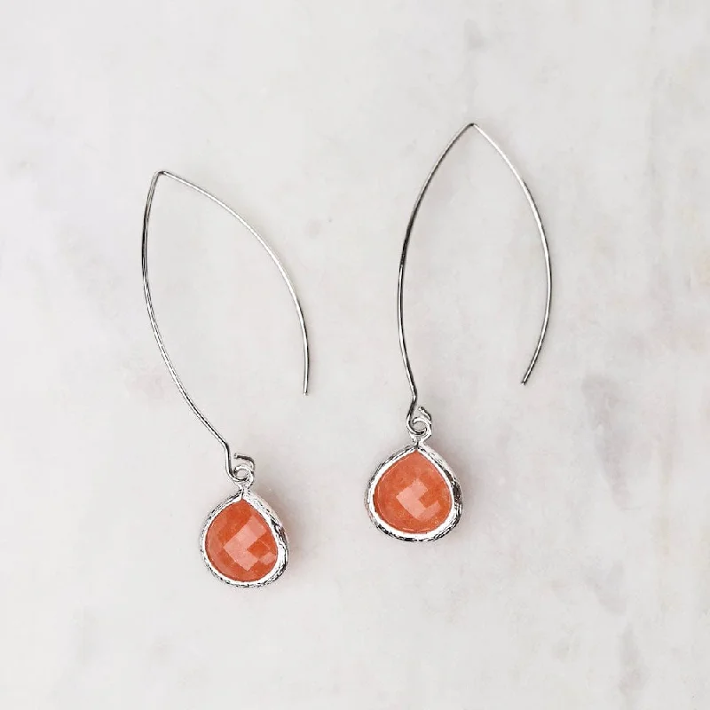 Sterling Silver Long Papaya Jade Crystal Drop Earrings