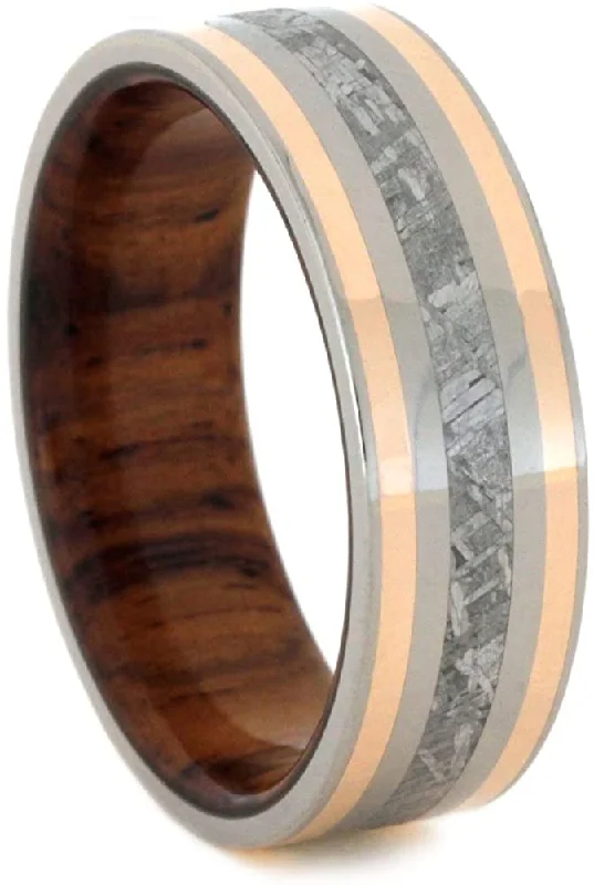 Gibeon Meteorite, 14k Rose Gold, Titanium 7mm Comfort-Fit Honduran Rosewood Band, Size 7.5