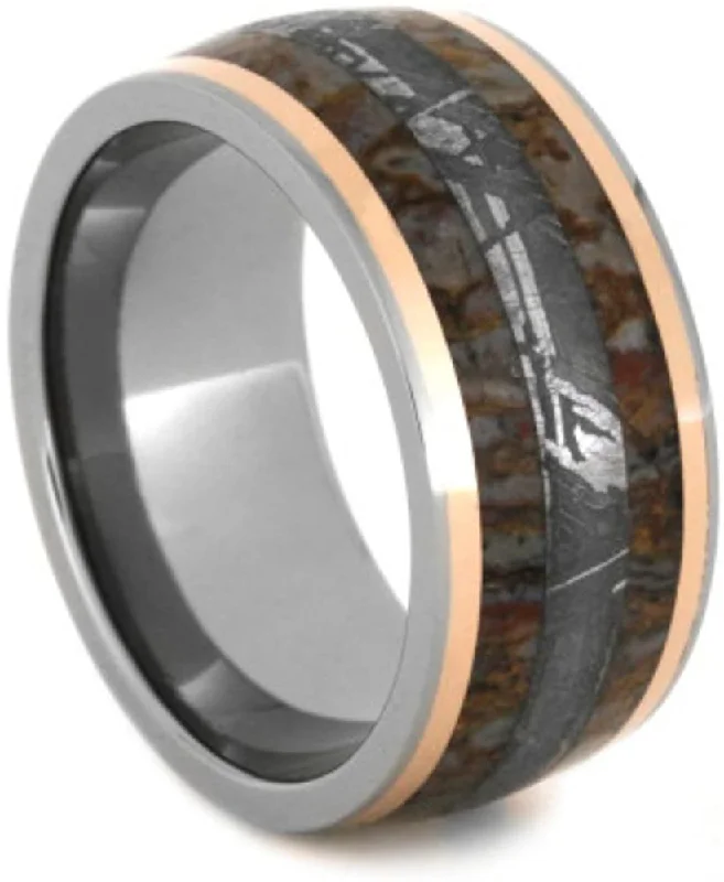 Gibeon Meteorite, Dinosaur Bone, 14k Rose Gold 10mm Comfort-Fit Titanium Wedding Band, Size 11.25