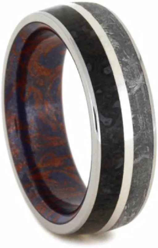 Gibeon Meteorite, Dinosaur Bone, Blue Bronze and Red Copper Mokume 7mm Comfort-Fit Titanium Wedding Band, Size 7.75