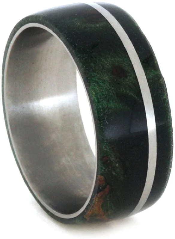 Green Box Elder Burl, Titanium Pinstripe 8mm Comfort-Fit Titanium Wedding Band, Size 10.5