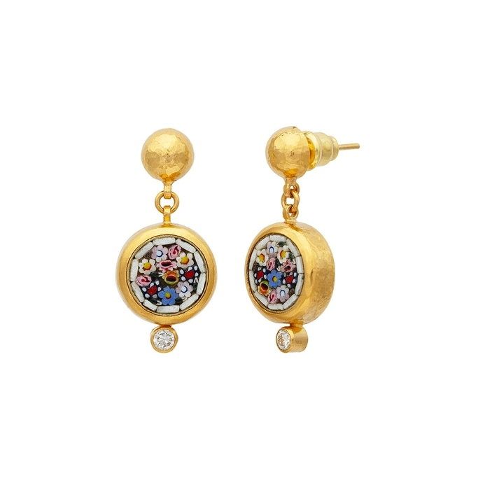 Gurhan One-of-a-Kind 24K Yellow Gold and 18K Vermeil Colorful Flower Mosaic Drop Earrings with Bezel Set Diamond