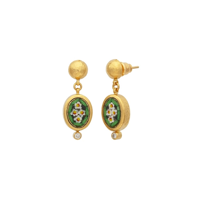 Gurhan One-of-a-Kind 24K Yellow Gold and 18K Vermeil Daisy Flower Mosaic Drop Earrings with Bezel Set Diamond