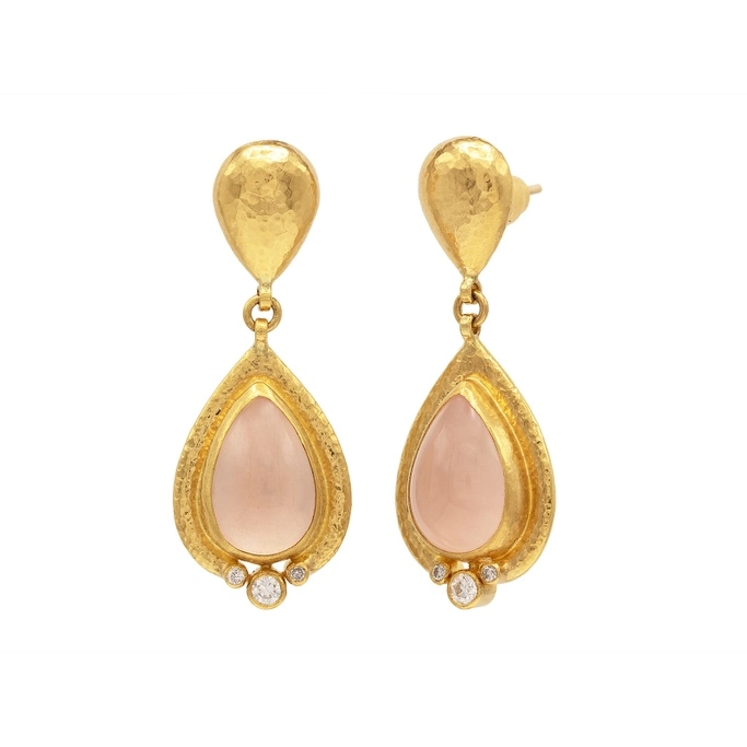 Gurhan One-of-a-Kind 24K Yellow Gold and 18K Vermeil Drop Cabochon Rose Quartz and Diamond Drop Earrings