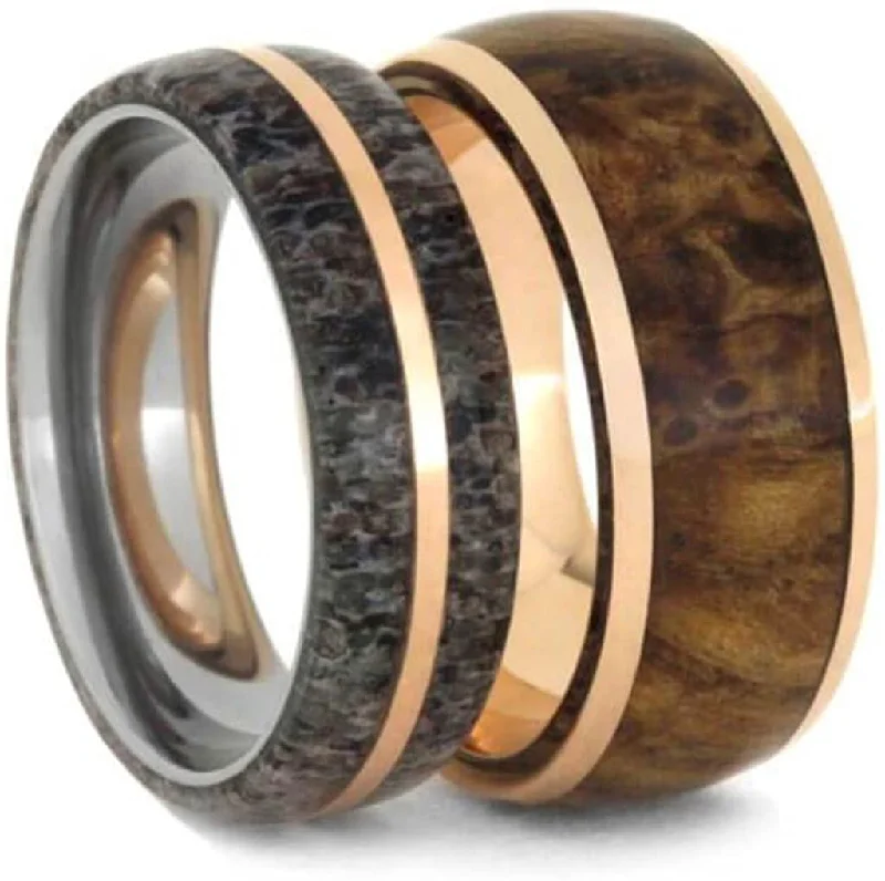 His and Hers 14k Rose Gold Black Ash Burl Wood Band and Deer Antler, 14k Rose Gold Titanium Band Sizes M15-F5.5