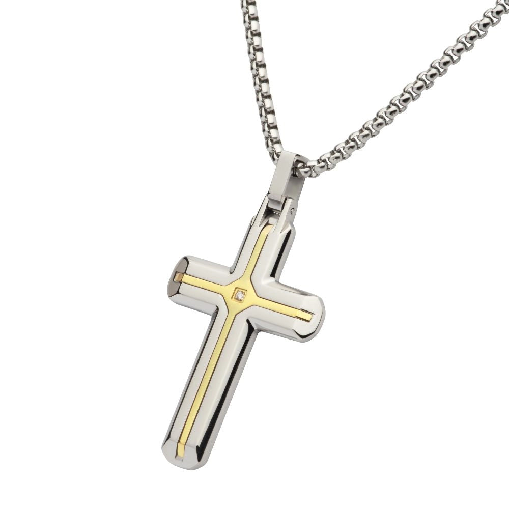 Inox Stainless Steel 18K Gold IP Cross Necklace with Lab Grown Diamond, 24 inch chain