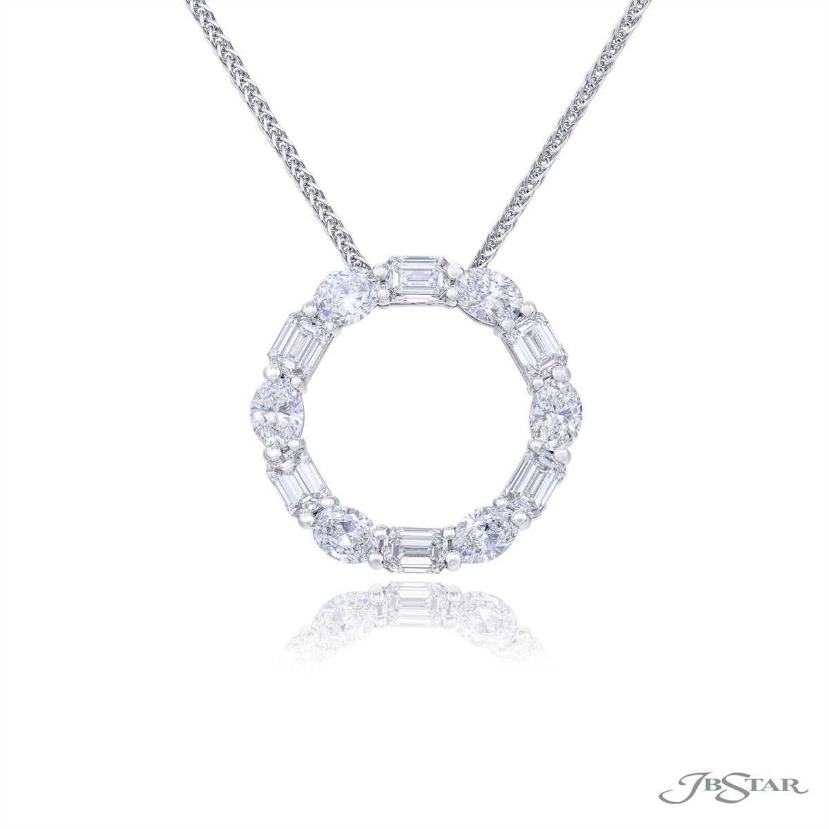 JB Star Platinum Open Circle Pendant Necklace with Emerald and Oval Cut Diamonds