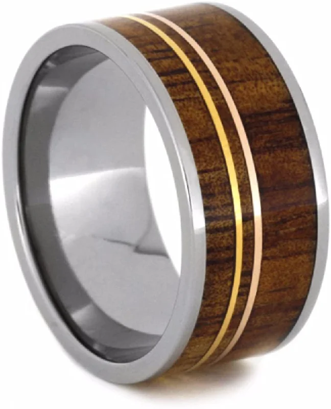 Koa Wood, 14k Yellow and Rose Gold Pinstripes 11mm Comfort-Fit Titanium Wedding Band, Size 13.75