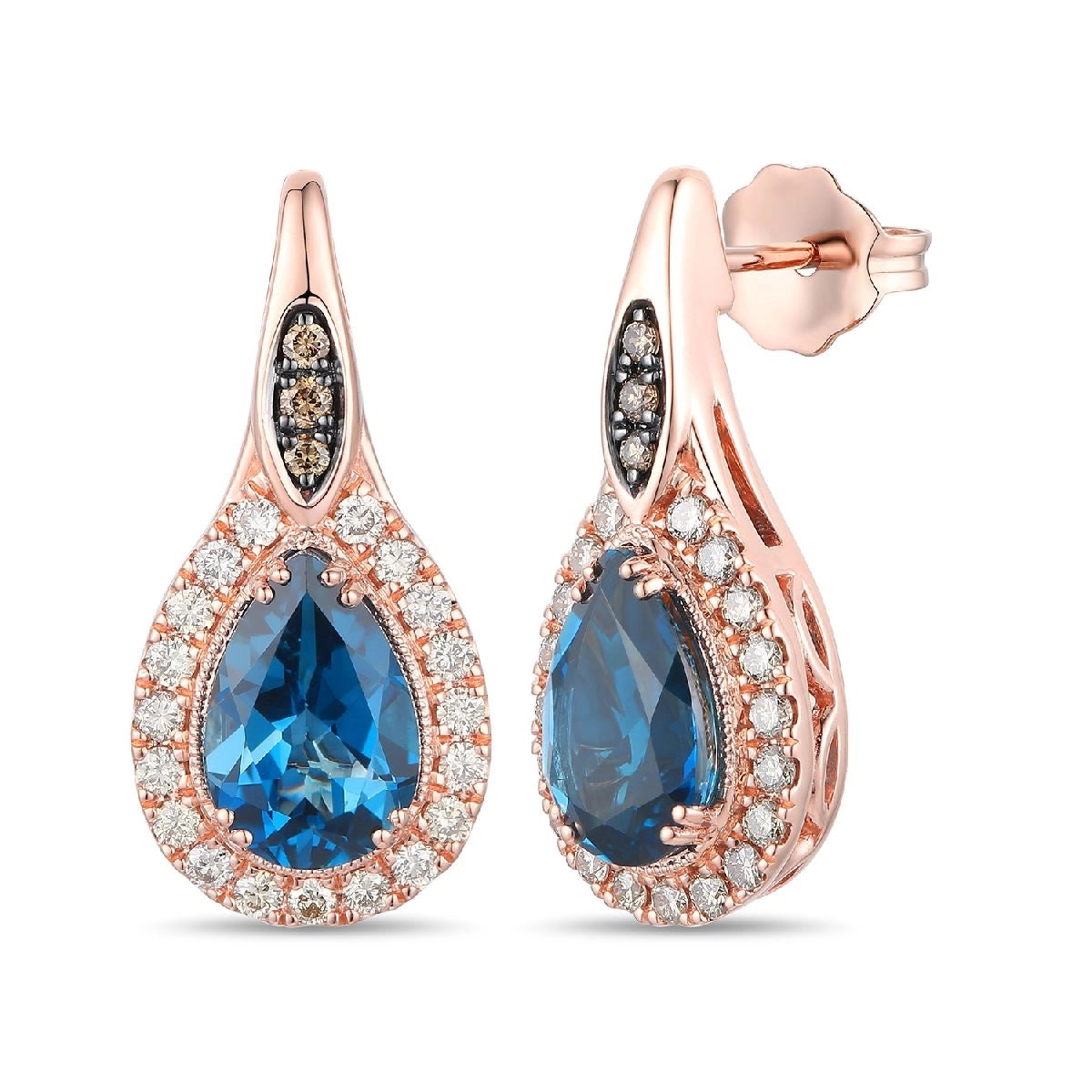 Le Vian 14K Strawberry Gold Deep Sea Blue Topaz and Chocolate and Nude Diamond Drop Earrings