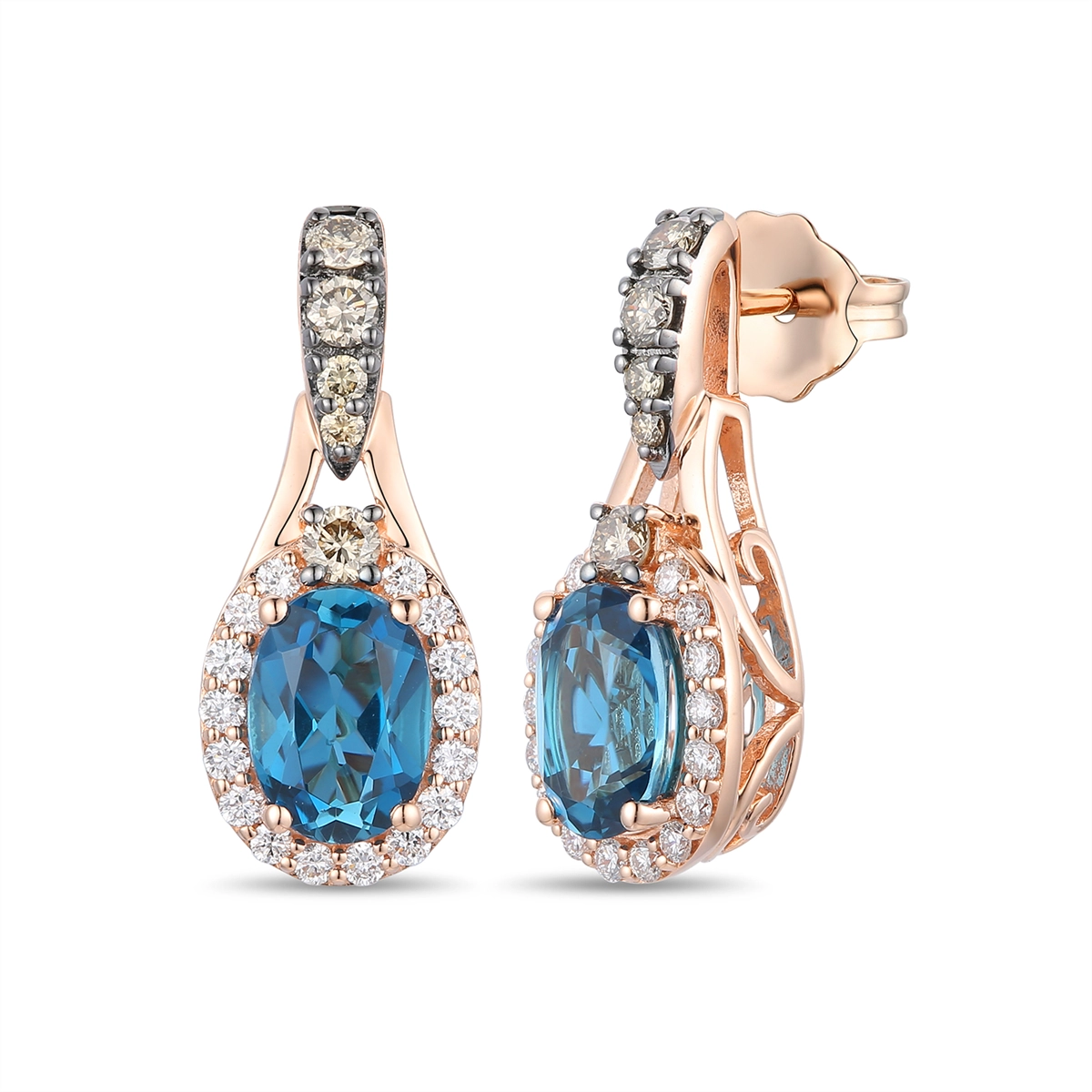 Le Vian 14K Strawberry Gold Deep Sea Blue Topaz and Chocolate and Nude Diamond Drop Earrings