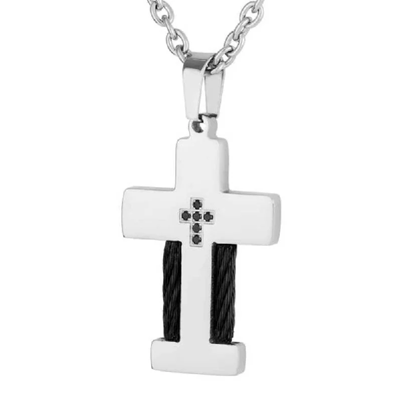 Men's Braided Wire and Black CZ Cross Pendant Necklace, Stainless Steel, 24"