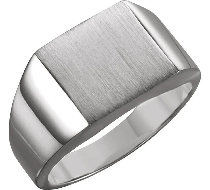 Men's Brushed Signet Semi-Polished 18k X1 White Gold Ring (18mm) Size 13