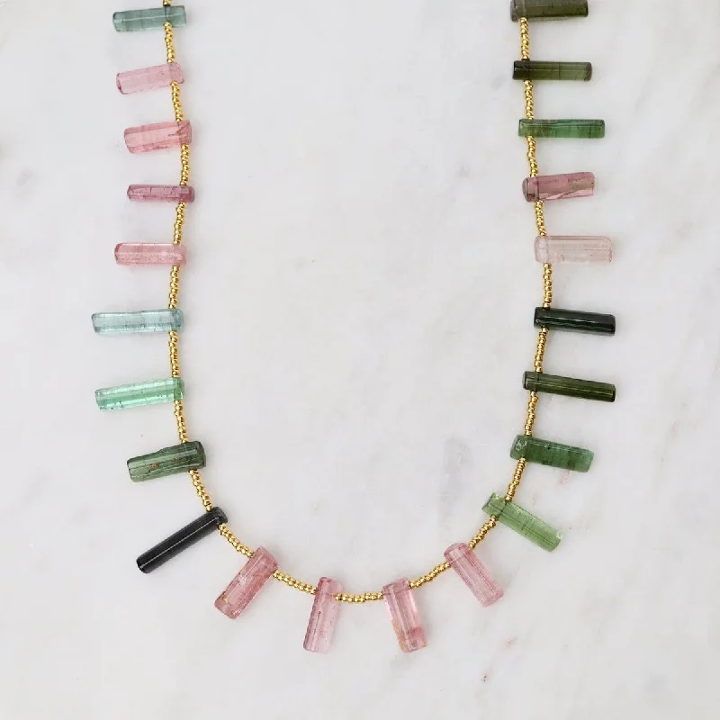 One of a Kind Gold Glass Multi Tourmaline Sticks Necklace