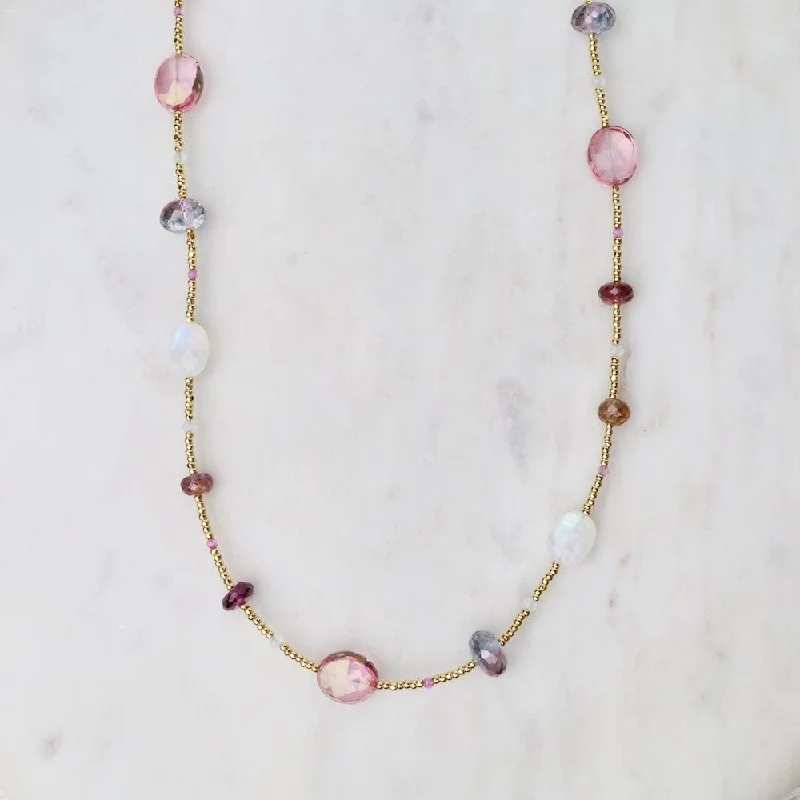 Moonstone & Pink Sapphires Gold Glass Magnetic Clasp Necklace