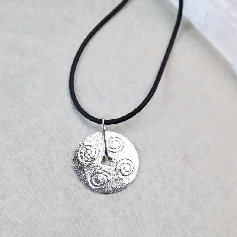 Round Disc Pendant with Swirls on Black Cord