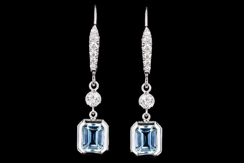 18K White Gold 2.12 Carat Emerald Cut Aquamarine & Diamond Drop Earrings