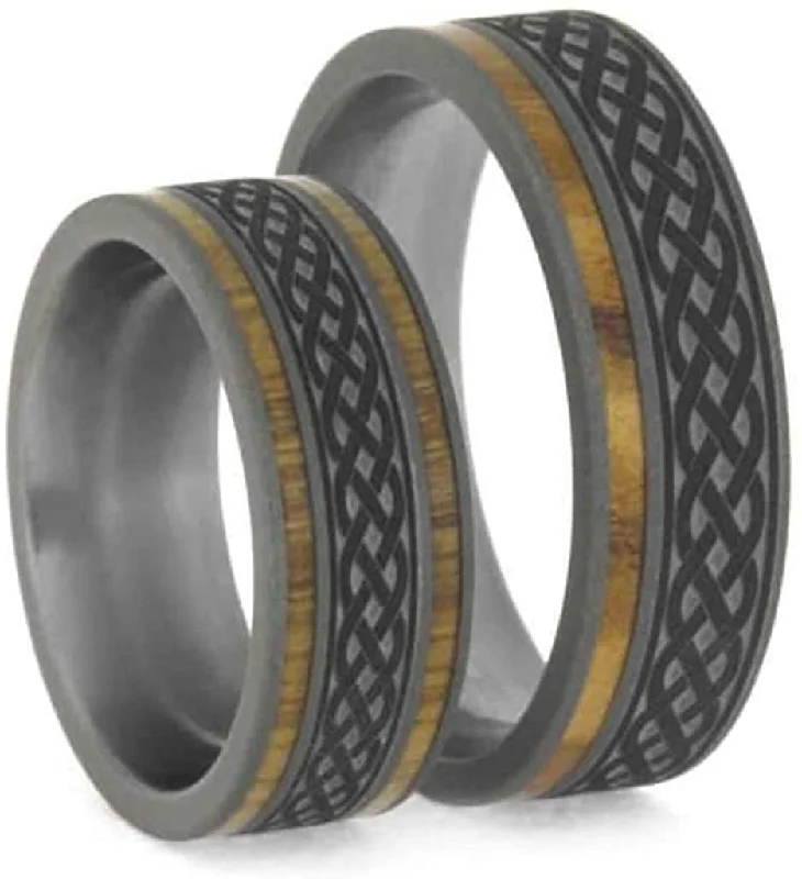 Oak and Olive Wood, Celtic Knot Engraving Comfort-Fit Sandblasted Titanium Couples Wedding Band Set Size, M14-F7.5