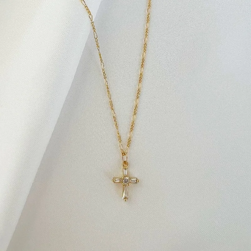 Petite CZ Cross Pendant Necklace Gold Filled