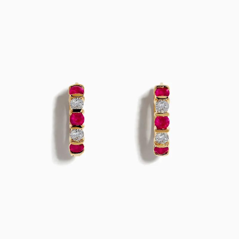 Ruby Royale 14K Yellow Gold Ruby and Diamond 5/8" Hoop Earrings