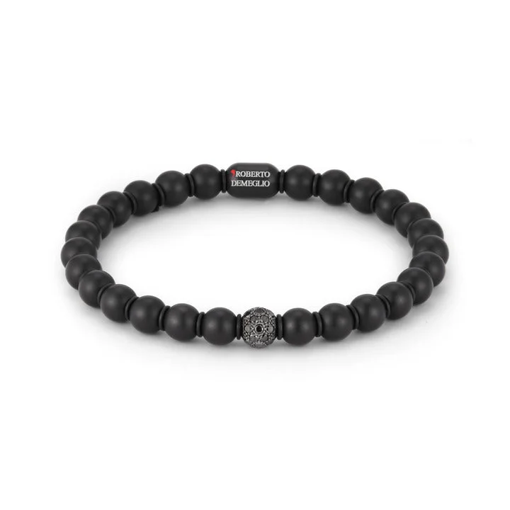 Sfera Men's Large Bead Matte Black Ceramic Bracelet with One Black Diamond Bead