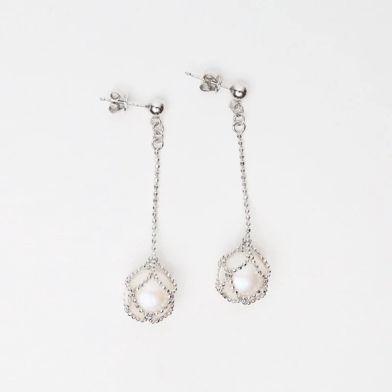 Sterling Long Chain with Captured Pearl Drop Earrings